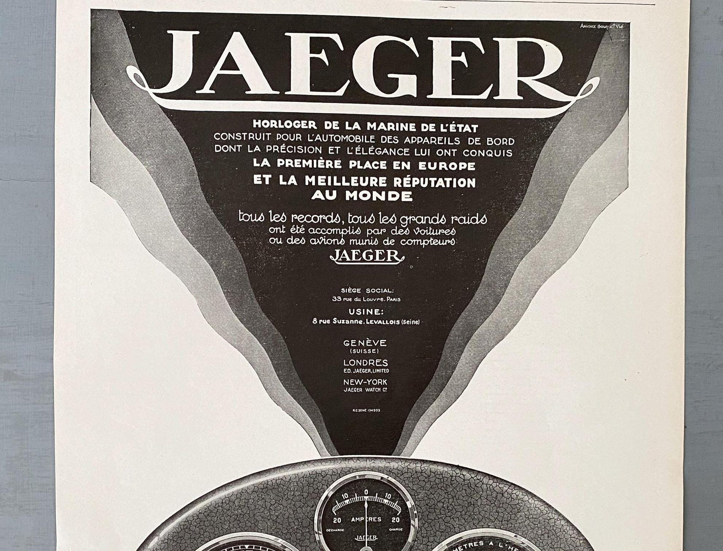 Authentic 1920s Vintage Jaeger Swiss Watches Ad Print: Art Deco Wall Poster