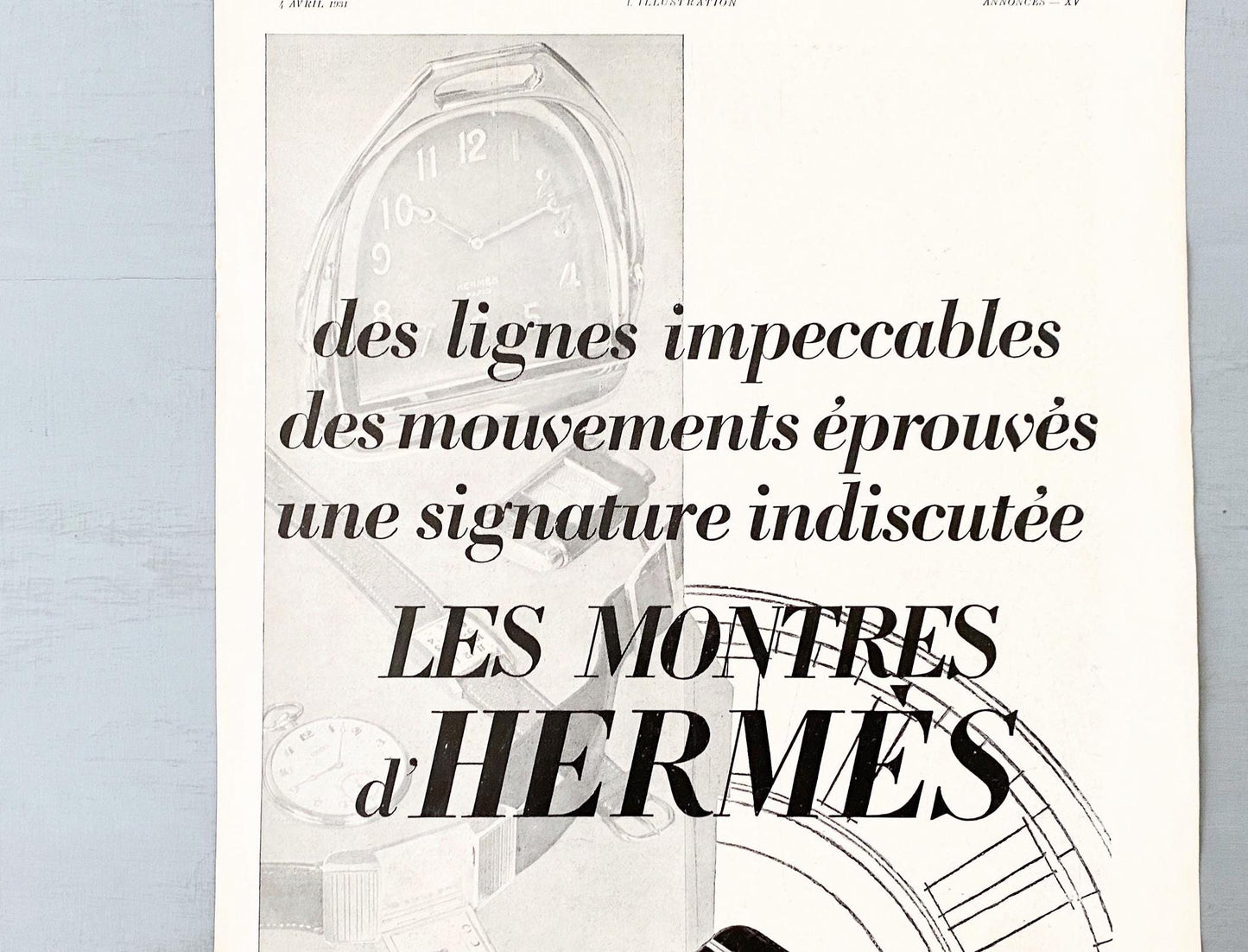 Authentic 1930s Vintage Hermes Advertisement Wall Art Print, Swiss Watch Luxury Brand Poster