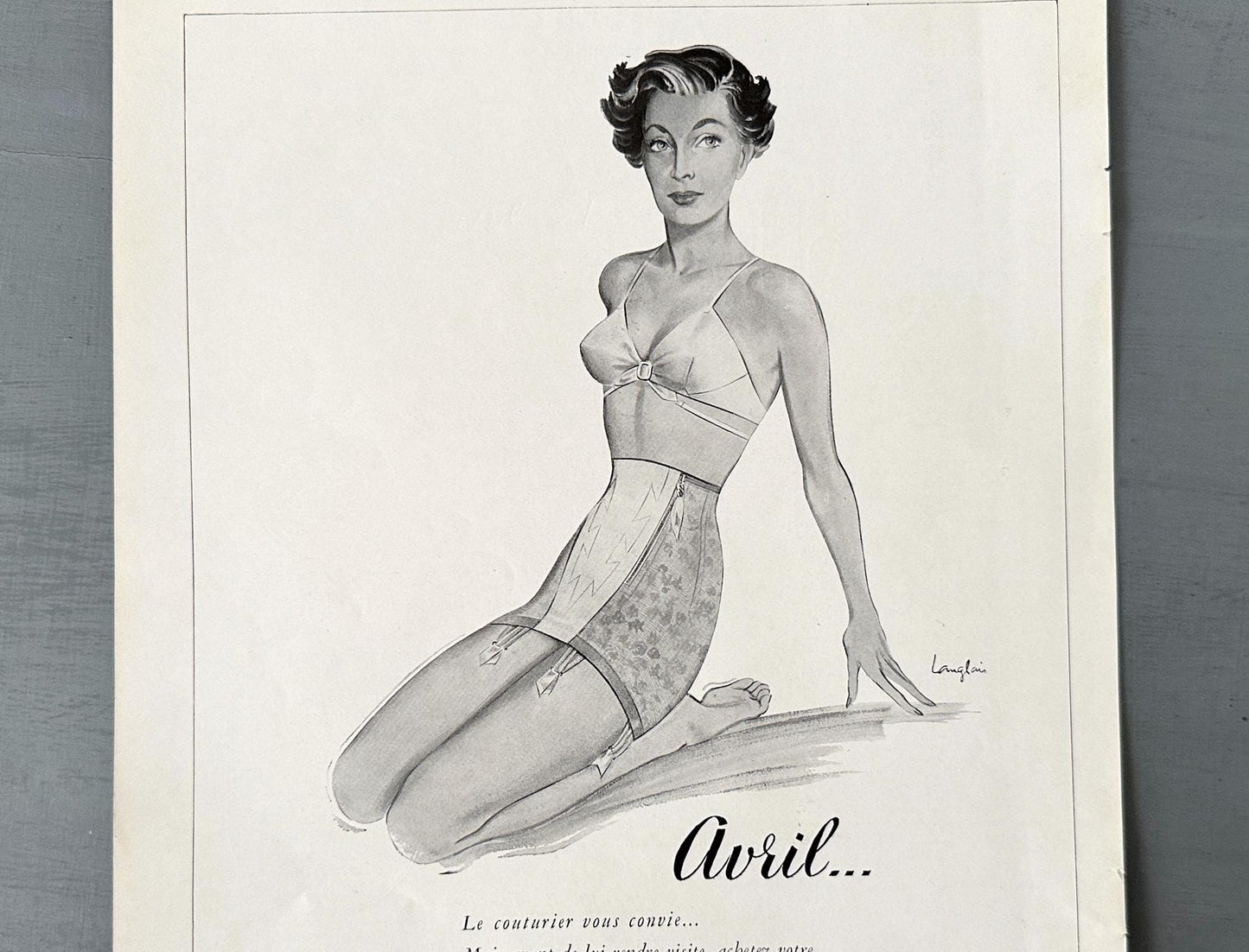 Authentic 1950s Vintage Lingerie Advertisement Print, Mid Century Paris Pin Up Girls Wall Art Print