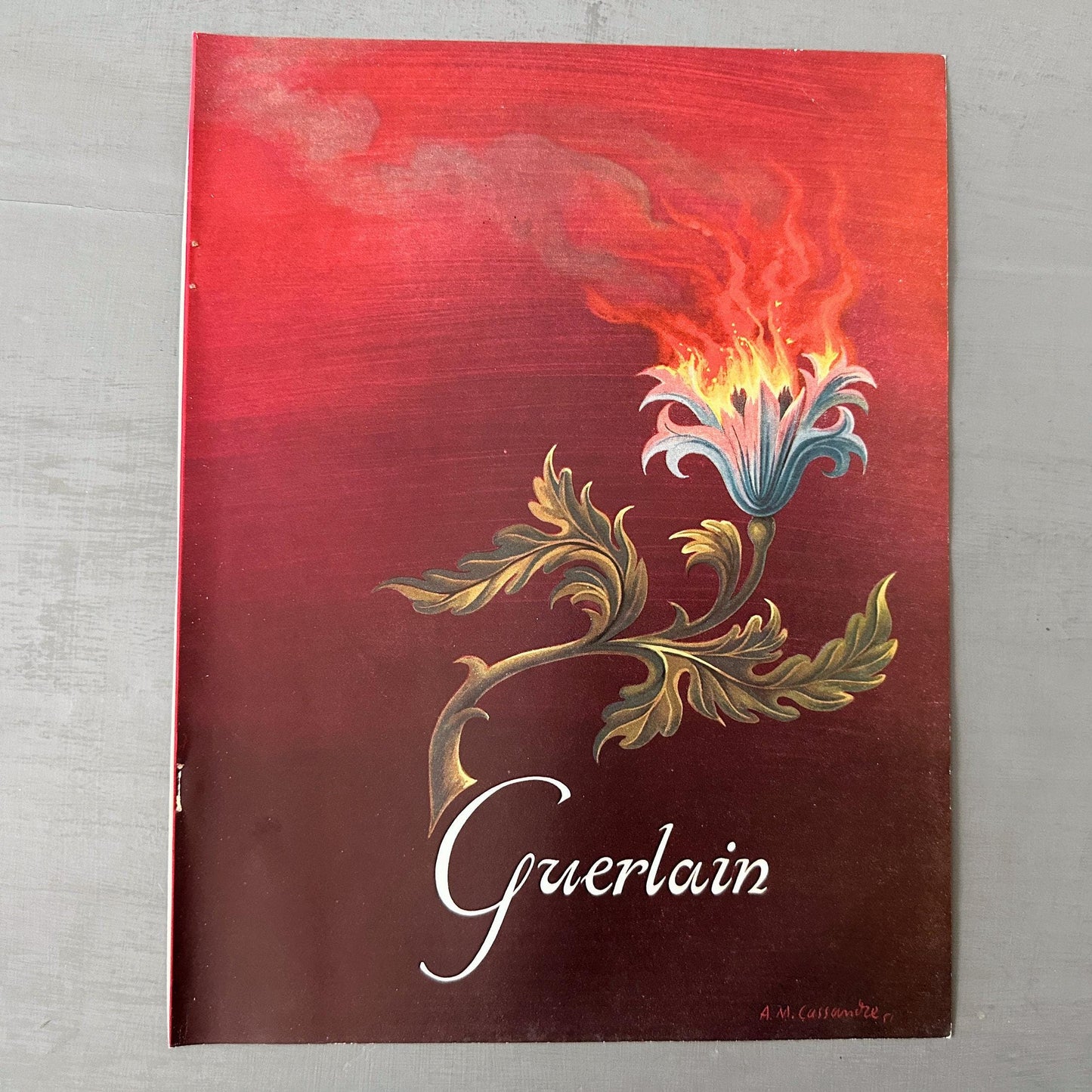 Authentic 1950s French Vintage Guerlain Perfume Advertisement Print, Boho Red Flower Poster