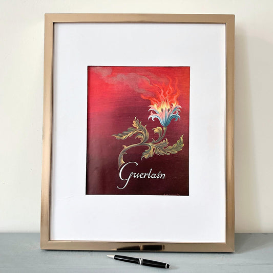 Authentic 1950s French Vintage Guerlain Perfume Advertisement Print, Boho Red Flower Poster