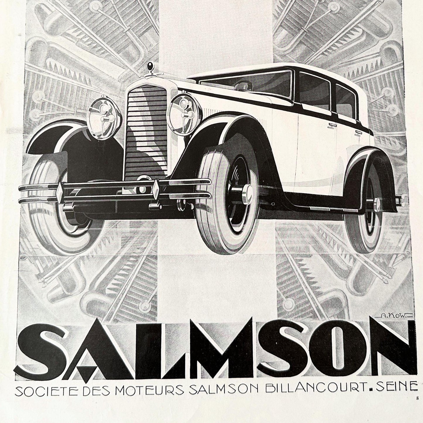 French Vintage Car Print: Salmson Automobile Drawing, Garage Wall Art