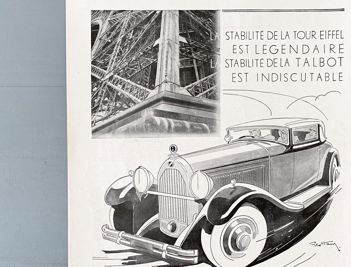 Authentic 1930s French Vintage Talbot Car Advertisement Wall Art Print, Garage Retro Automobile Ad Poster