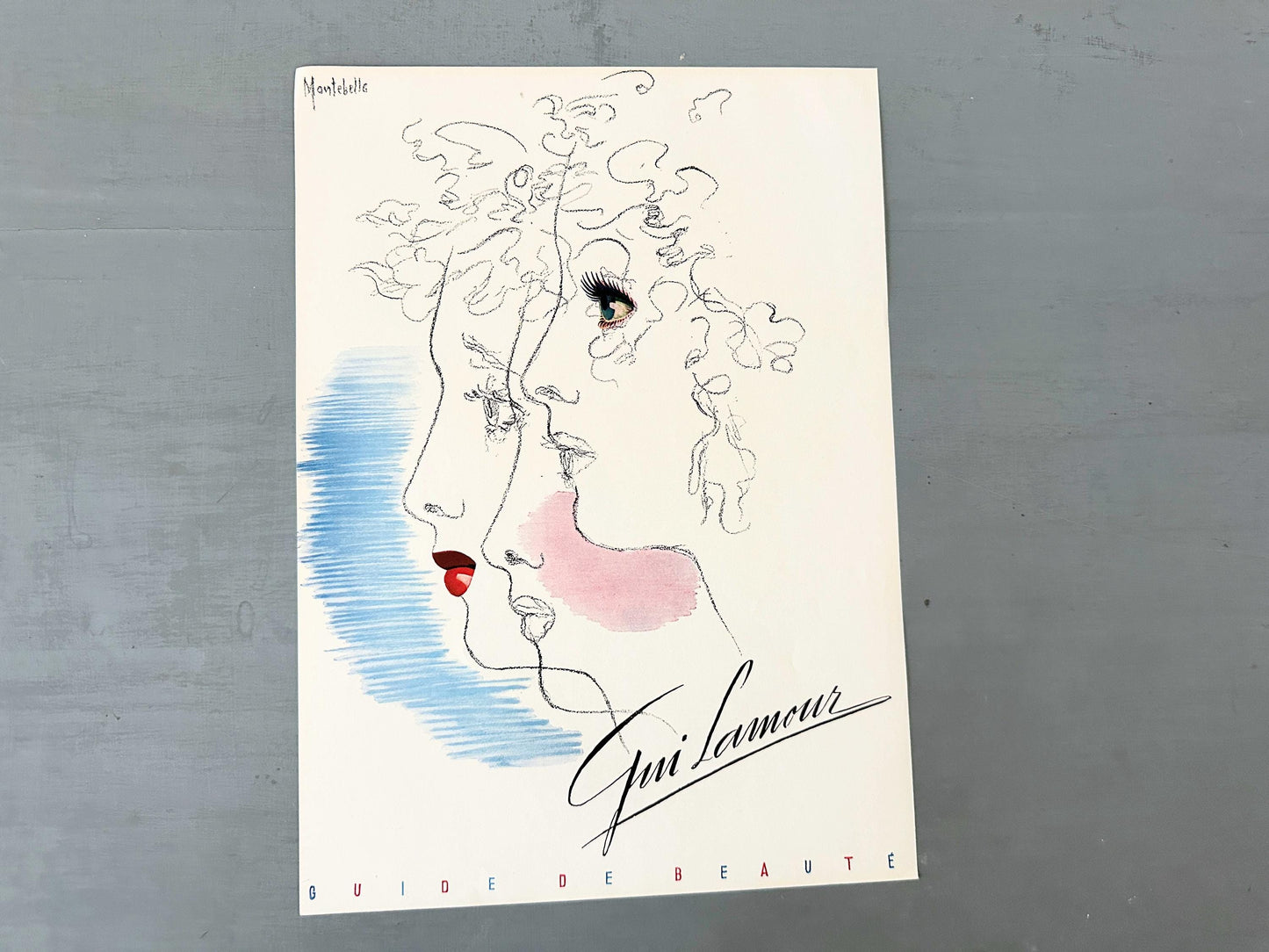 Authentic 1940s Vintage French Vogue Poster: Women Portrait Print, Red Lipstick Make-up Ad