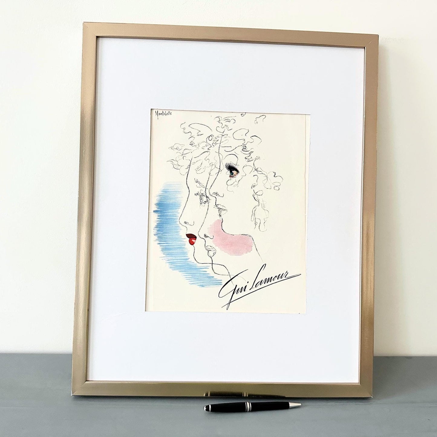 Authentic 1940s Vintage French Vogue Poster: Women Portrait Print, Red Lipstick Make-up Ad