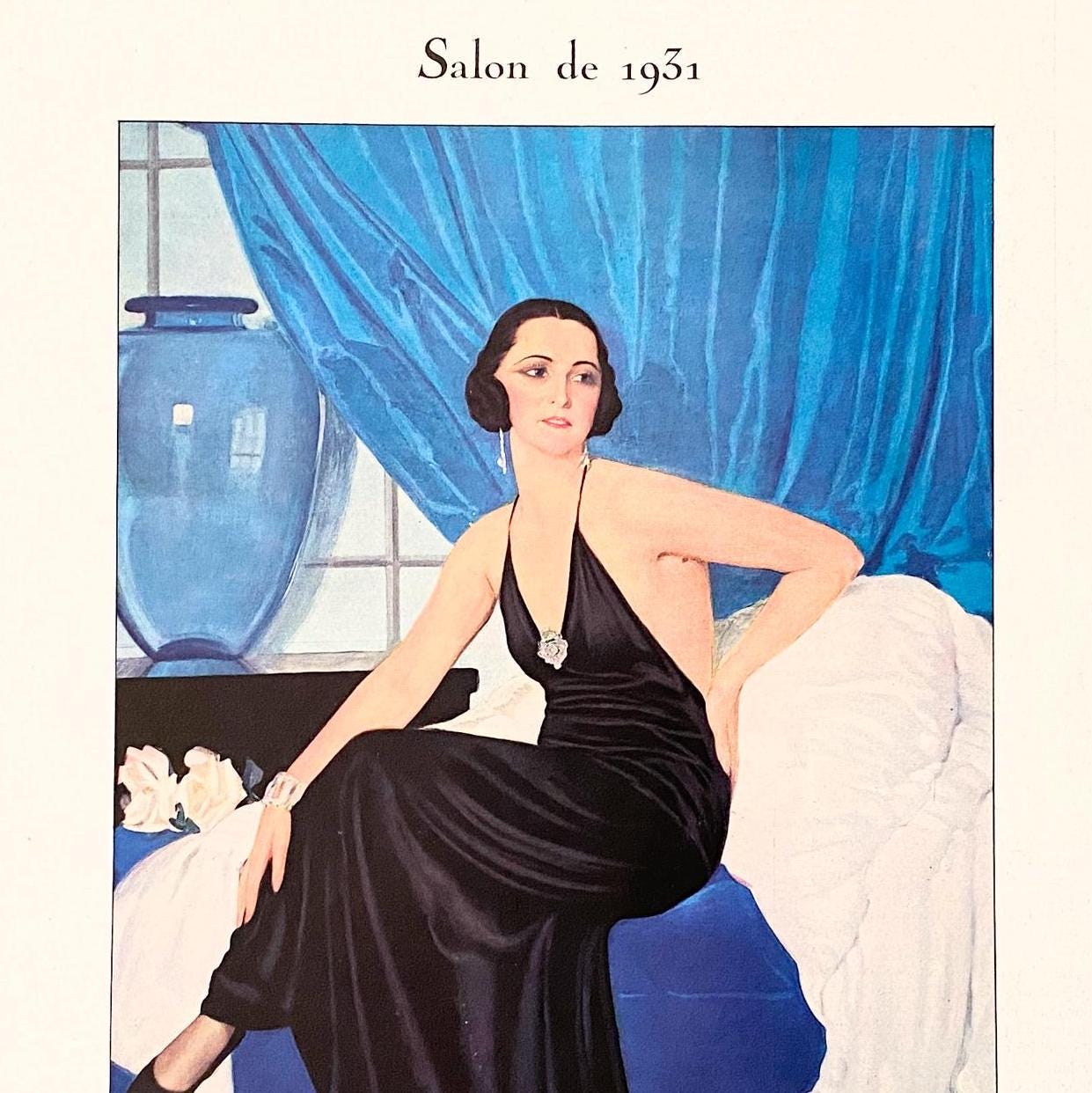 Original 1930 Art Deco Woman Lithograph Print: Elena Olmazu, Belle Epoque Style