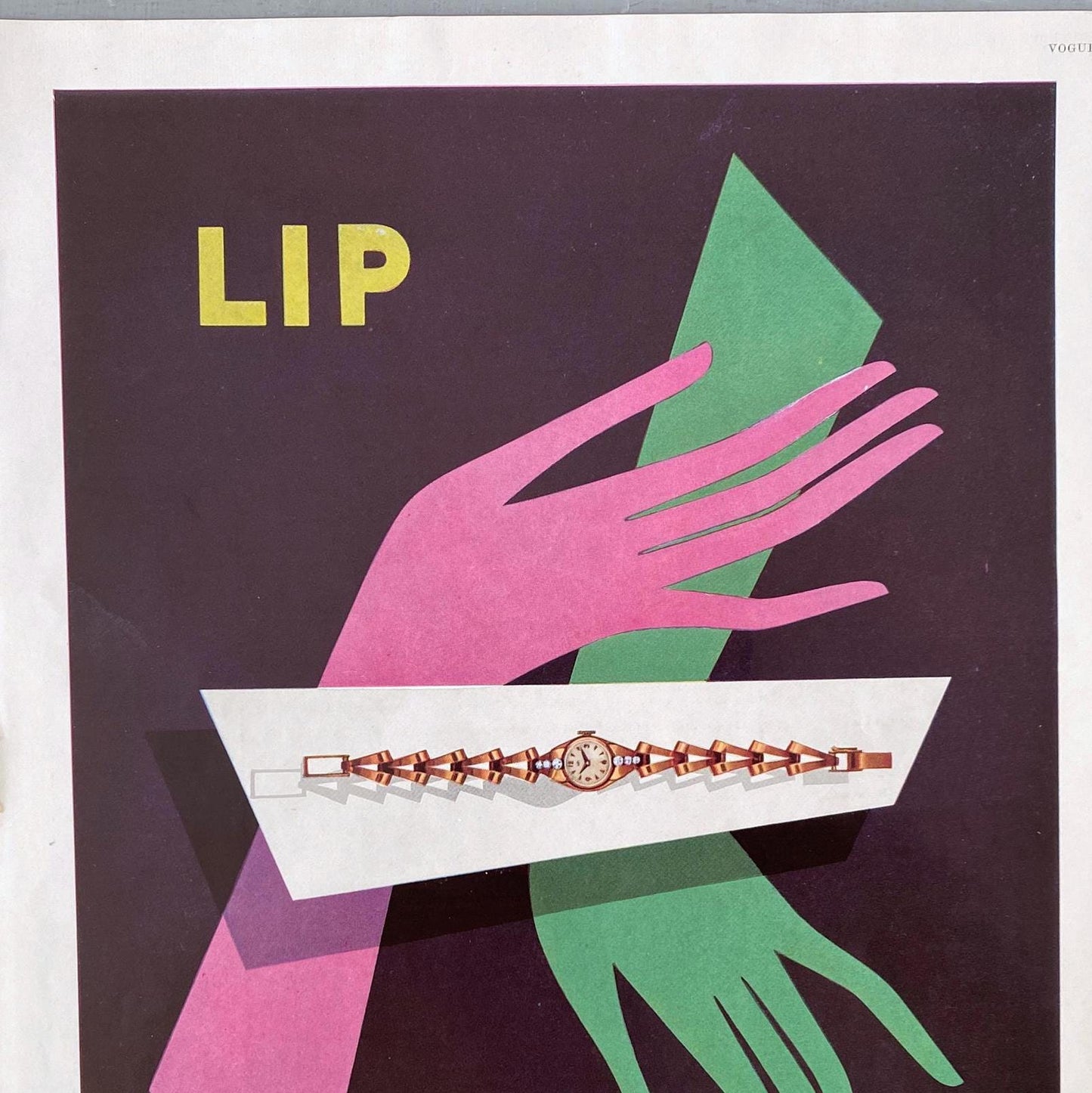 Vintage Lip Watch Ad: Vogue Magazine Print, Mid-Century Modern Wall Art