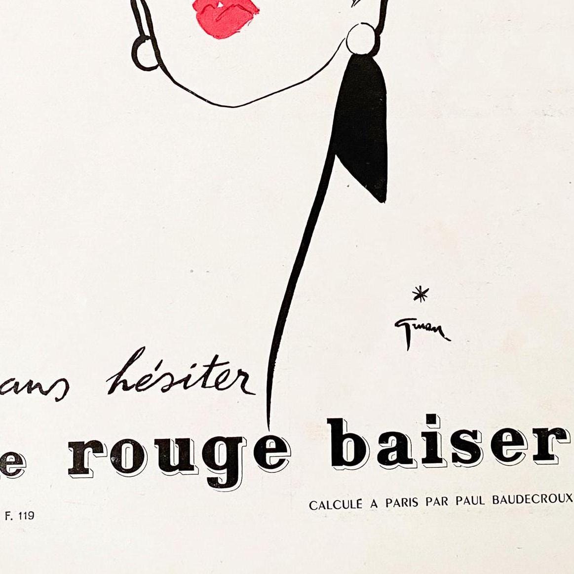 Original 1950s Vintage Rene Gruau Red Lipstick Ad Print: Authentic French Vogue Poster