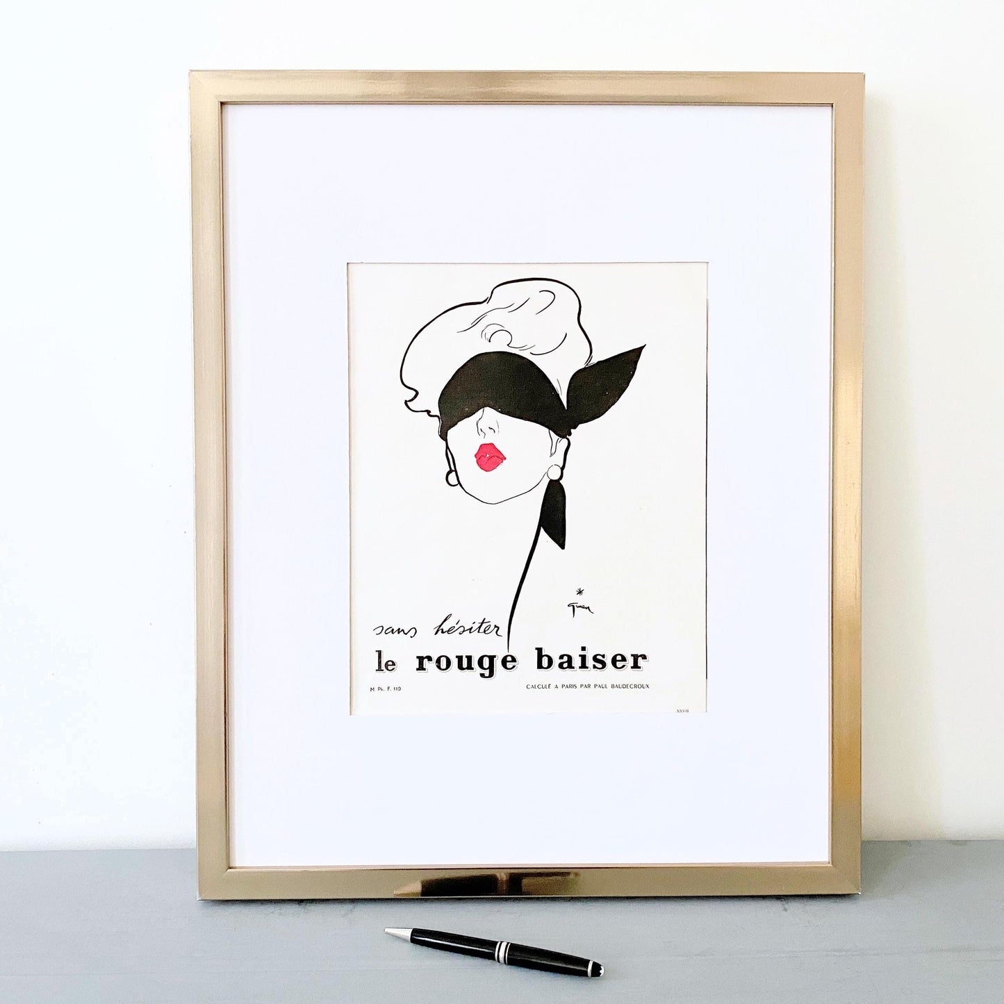 Original 1950s Vintage Rene Gruau Red Lipstick Ad Print: Authentic French Vogue Poster