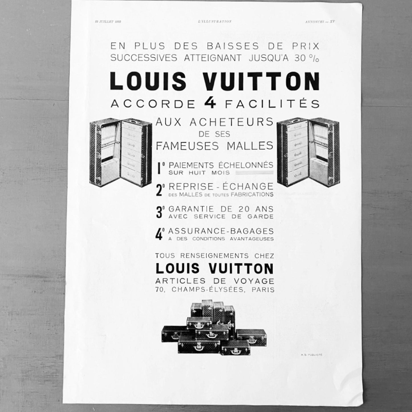 Authentic 1930s French Vintage Louis Vuitton Travel Suitcase Ad Poster, LV Monogram Wall Art Print