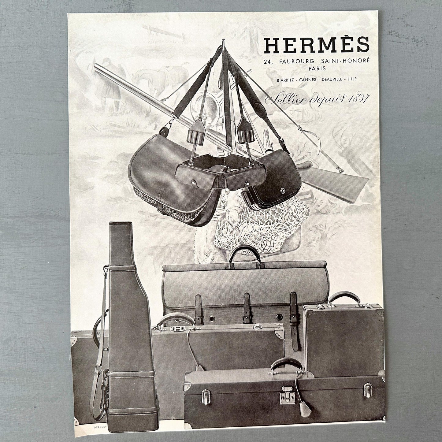 Authentic 1950s French Vintage Hermes Advertisement Poster: Original Travel and Hunting Bag Fashion Print