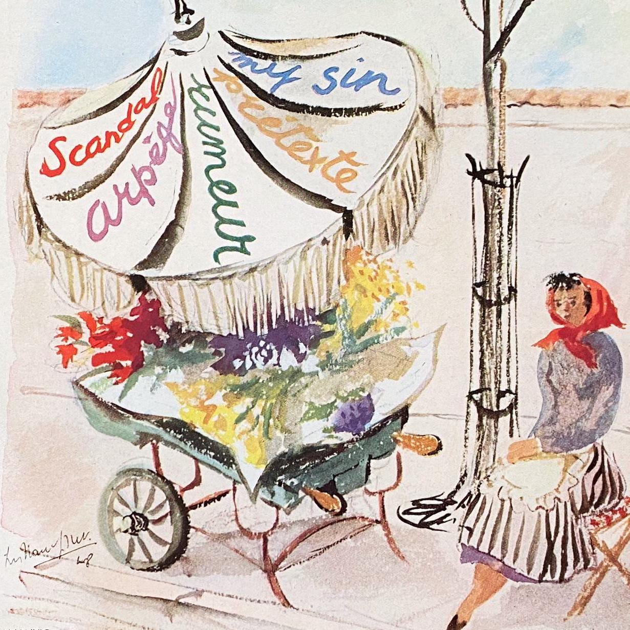Authentic 1950s French Vintage Lanvin Perfume Advertisement Print: Rare Paris Flower Seller Poster
