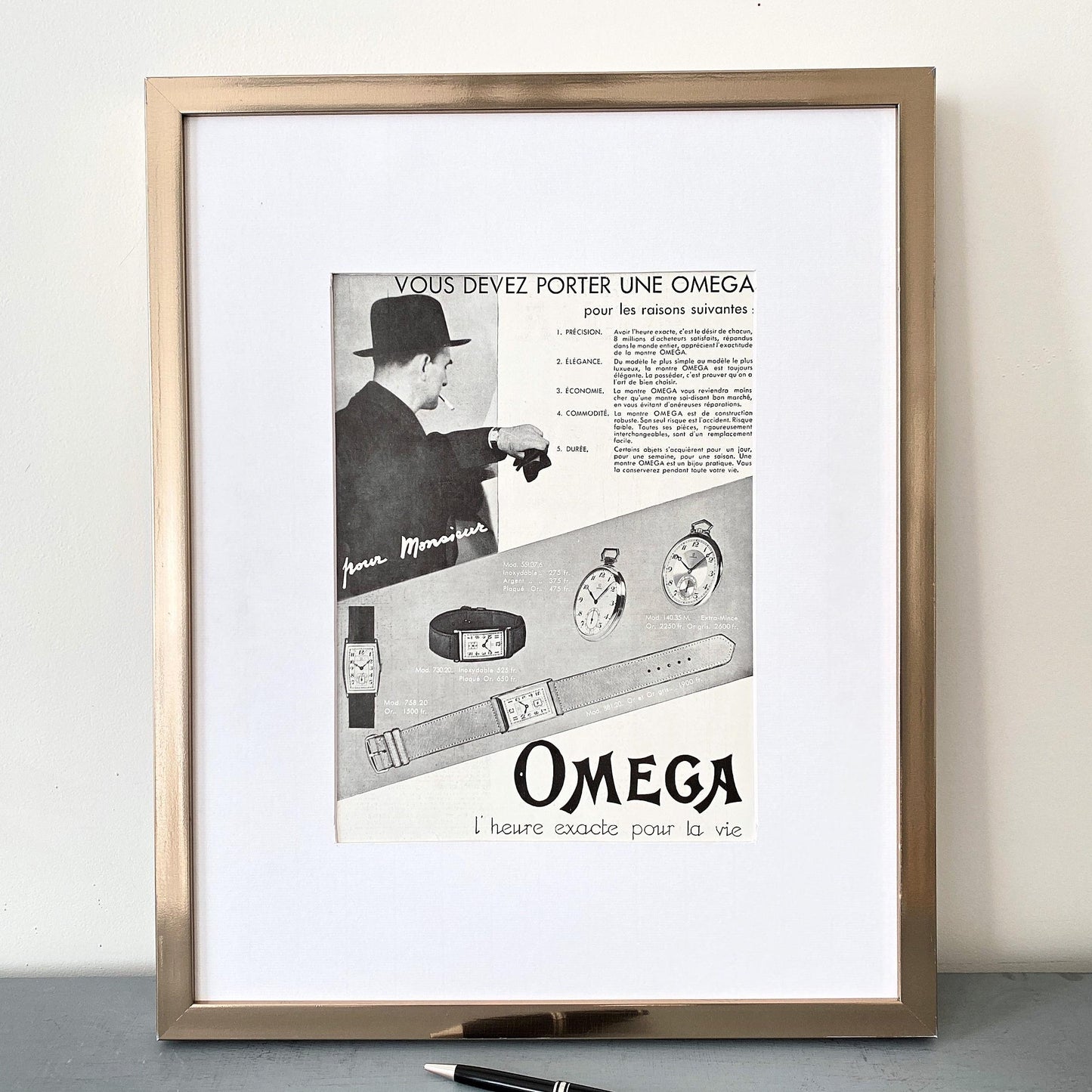 Vintage Omega Watch Ad Print: Swiss Mid-Century Modern Poster