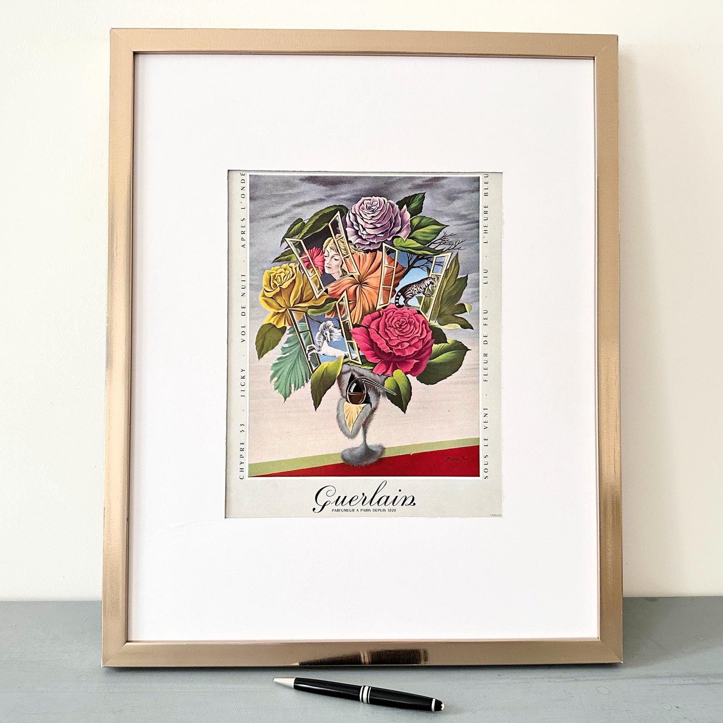 Authentic 1950s Vintage Guerlain Perfume Ad Print: Original French Fashion Illustration