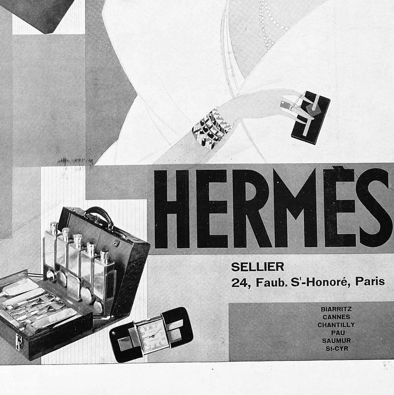 Original 1920s French Vintage Hermes Ad Print, Authentic Elegant Lady Poster