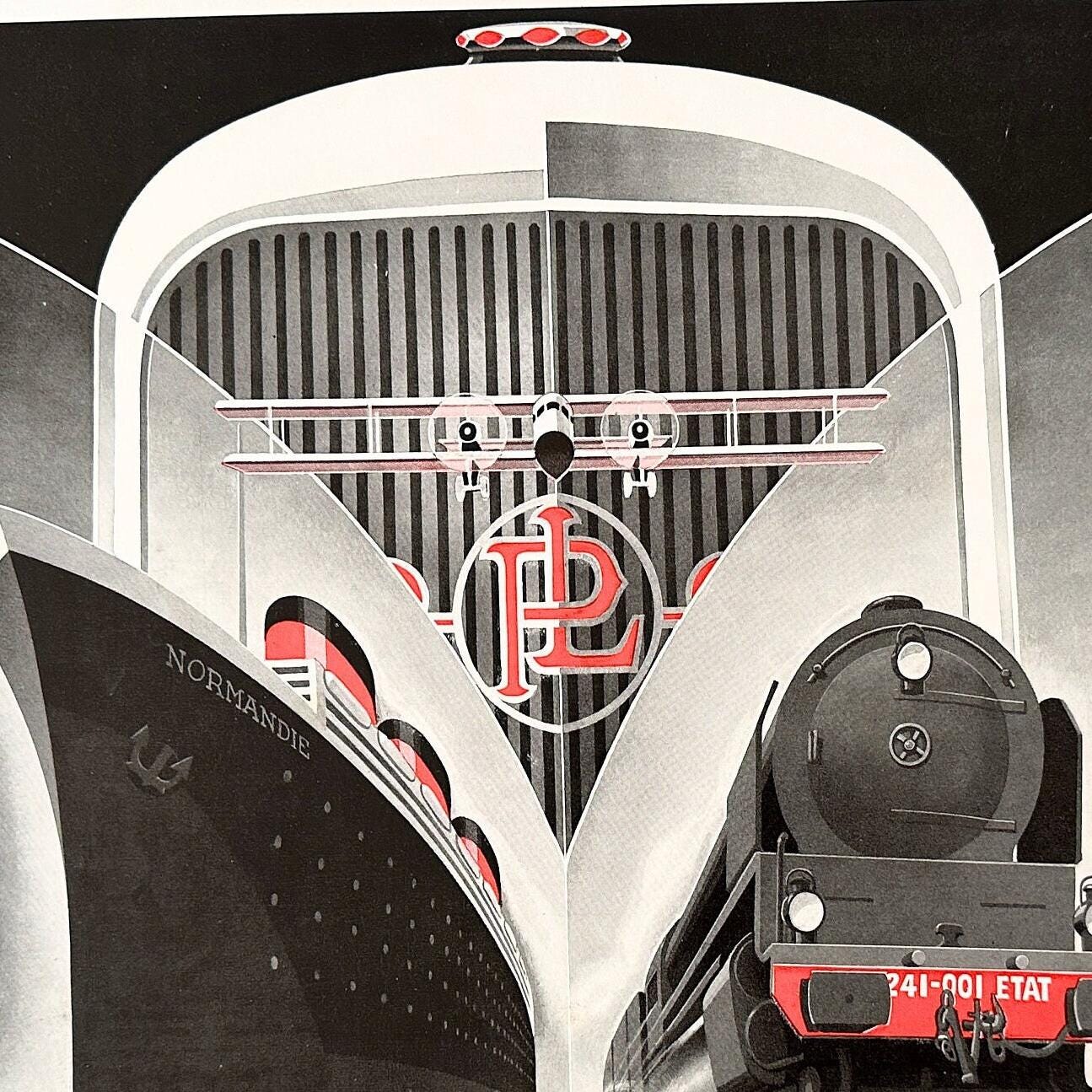 1930s Vintage Panhard Car, Transatlantic Liner, Train, Airplane Ad Print by Alexis Kow
