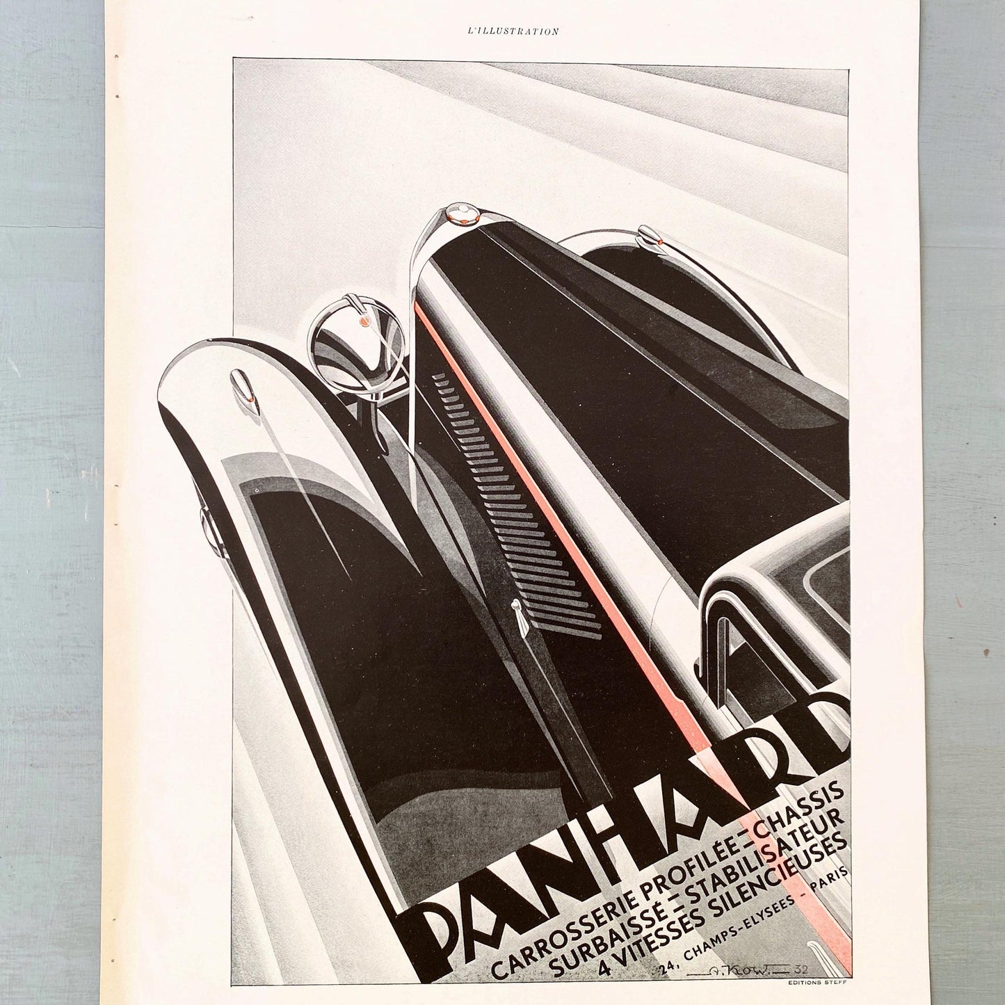 1920s Panhard Car Ad Poster: Vintage Art Deco Supercar Drawing