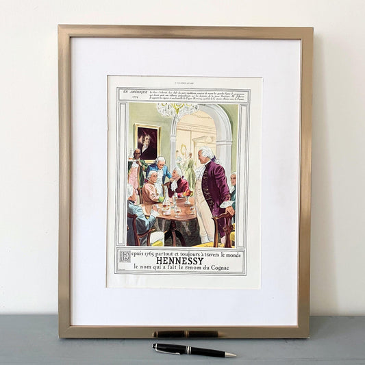 Original French Vintage Hennessy Cognac Ad Poster, USA Patriot Illustration with Jefferson, Mini Bar Wall Decor, Alcohol Cocktail Lover Gift