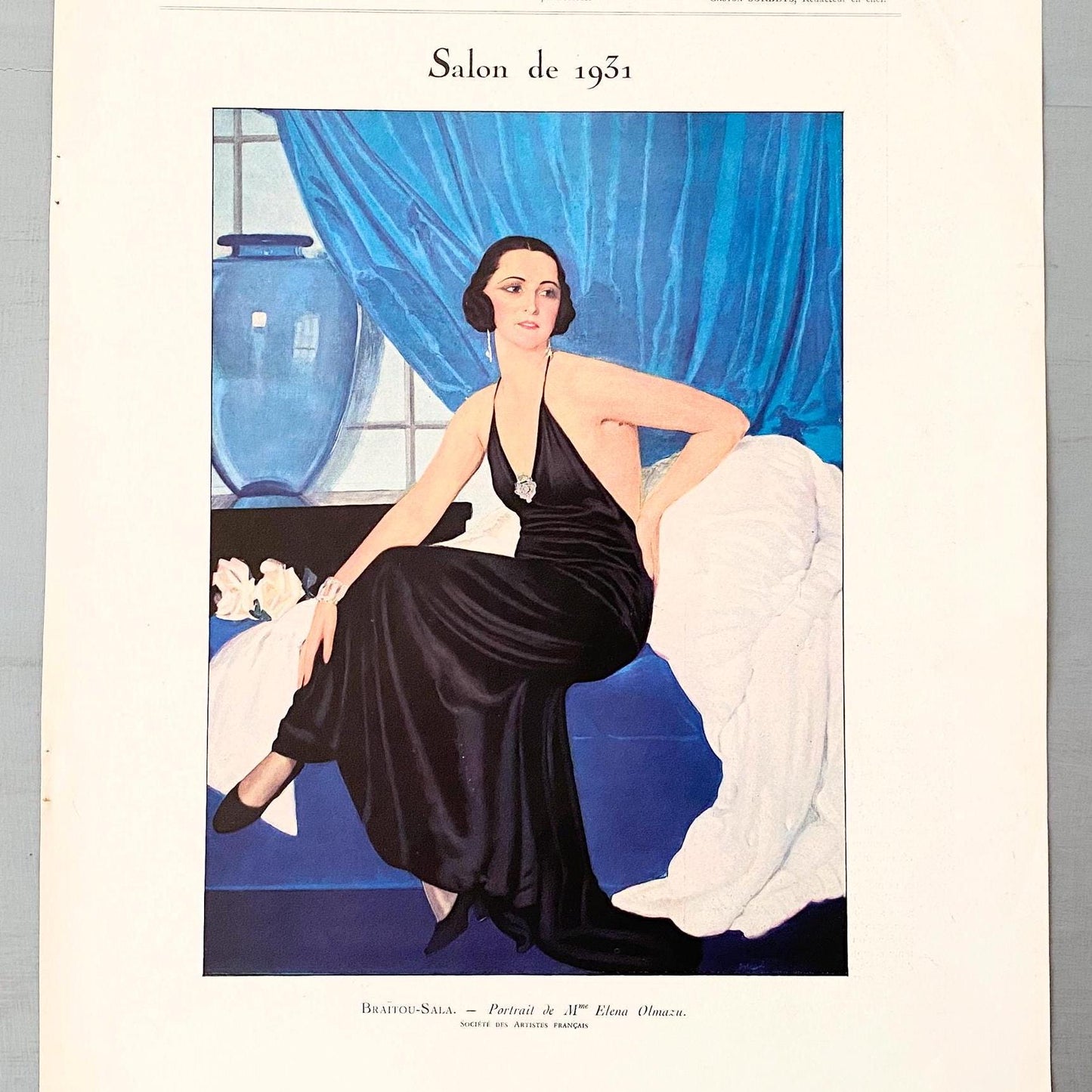 Original 1930 Art Deco Woman Lithograph Print: Elena Olmazu, Belle Epoque Style