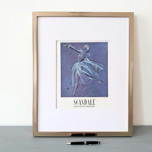 Original 1950s Vintage French Lingerie Ad Poster: Rare Authentic  Blue Boho Style Glam Room Decor