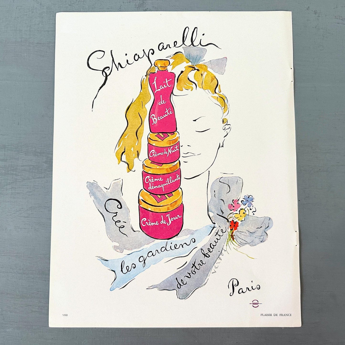 Original 1950s Vintage Schiaparelli Cosmetics Ad Poster: French Print, Marcel Vertes Illustration