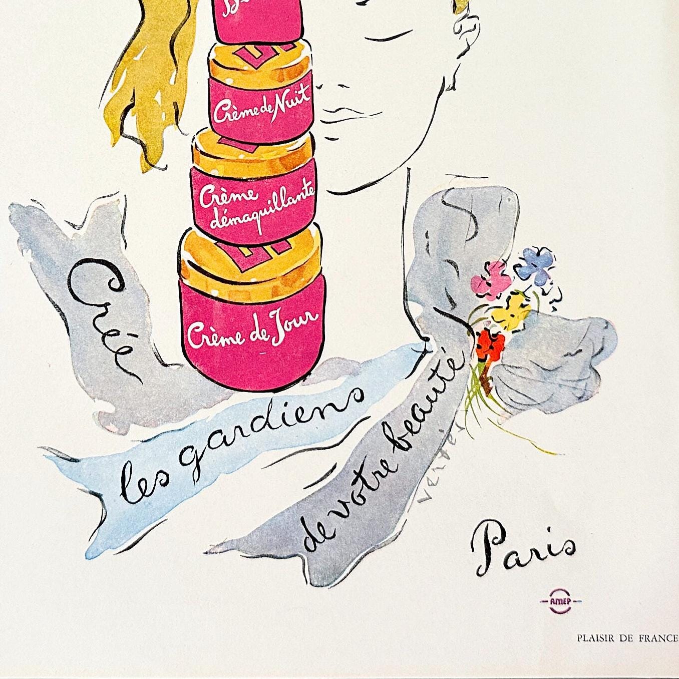 Original 1950s Vintage Schiaparelli Cosmetics Ad Poster: French Print, Marcel Vertes Illustration