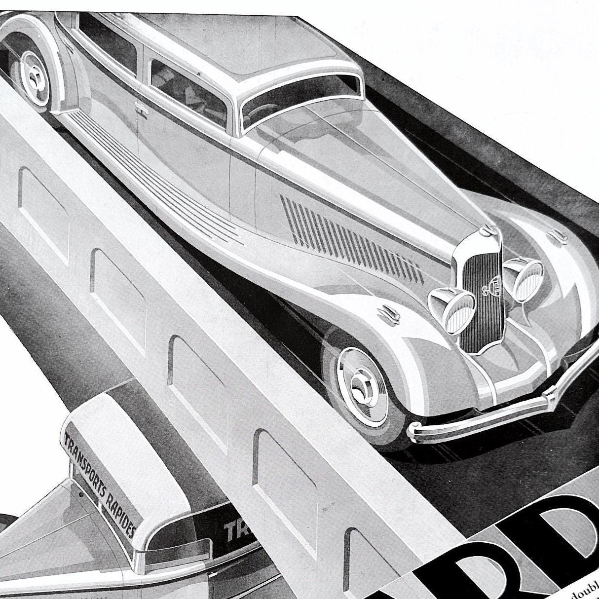 Vintage 1930s Panhard Car Ad Poster: Art Deco Supercar Drawing
