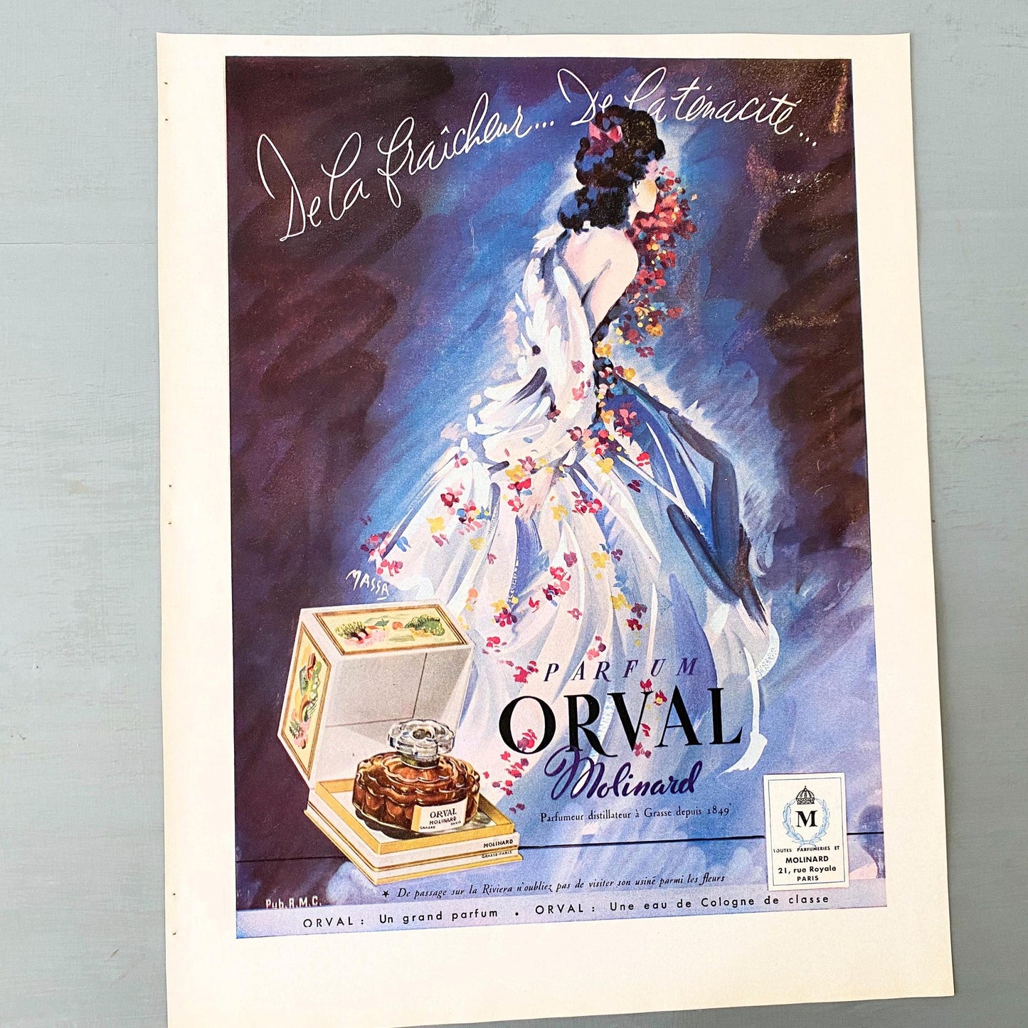 1950s Authentic Vintage French Perfume Print: Molinard Bottle Ad, Mid-Century Modern Wall Art