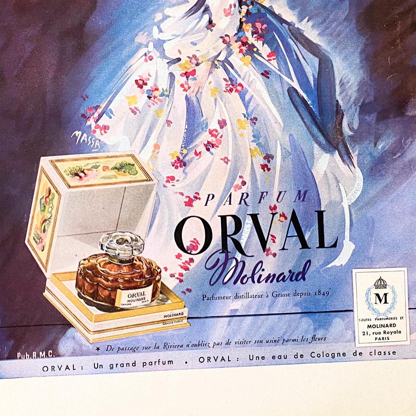 1950s Authentic Vintage French Perfume Print: Molinard Bottle Ad, Mid-Century Modern Wall Art