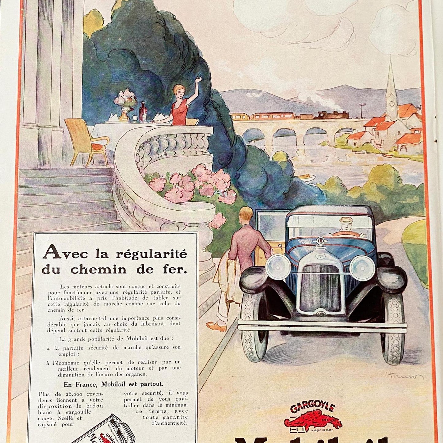 1930s Mobiloil Ad Print: Vintage French Car Travel Poster