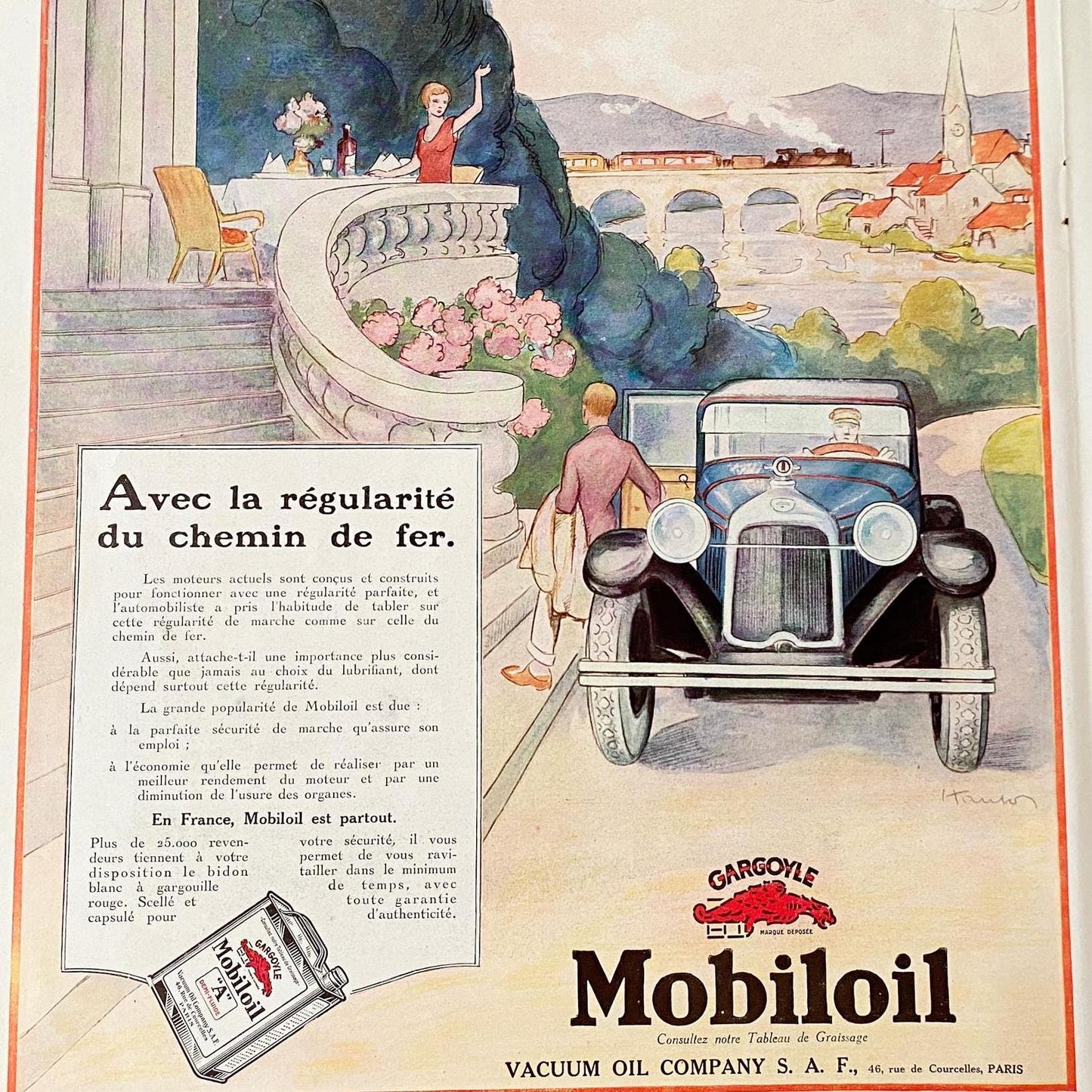 1930s Mobiloil Ad Print: Vintage French Car Travel Poster