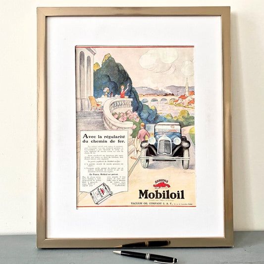 1930s Mobiloil Ad Print: Vintage French Car Travel Poster