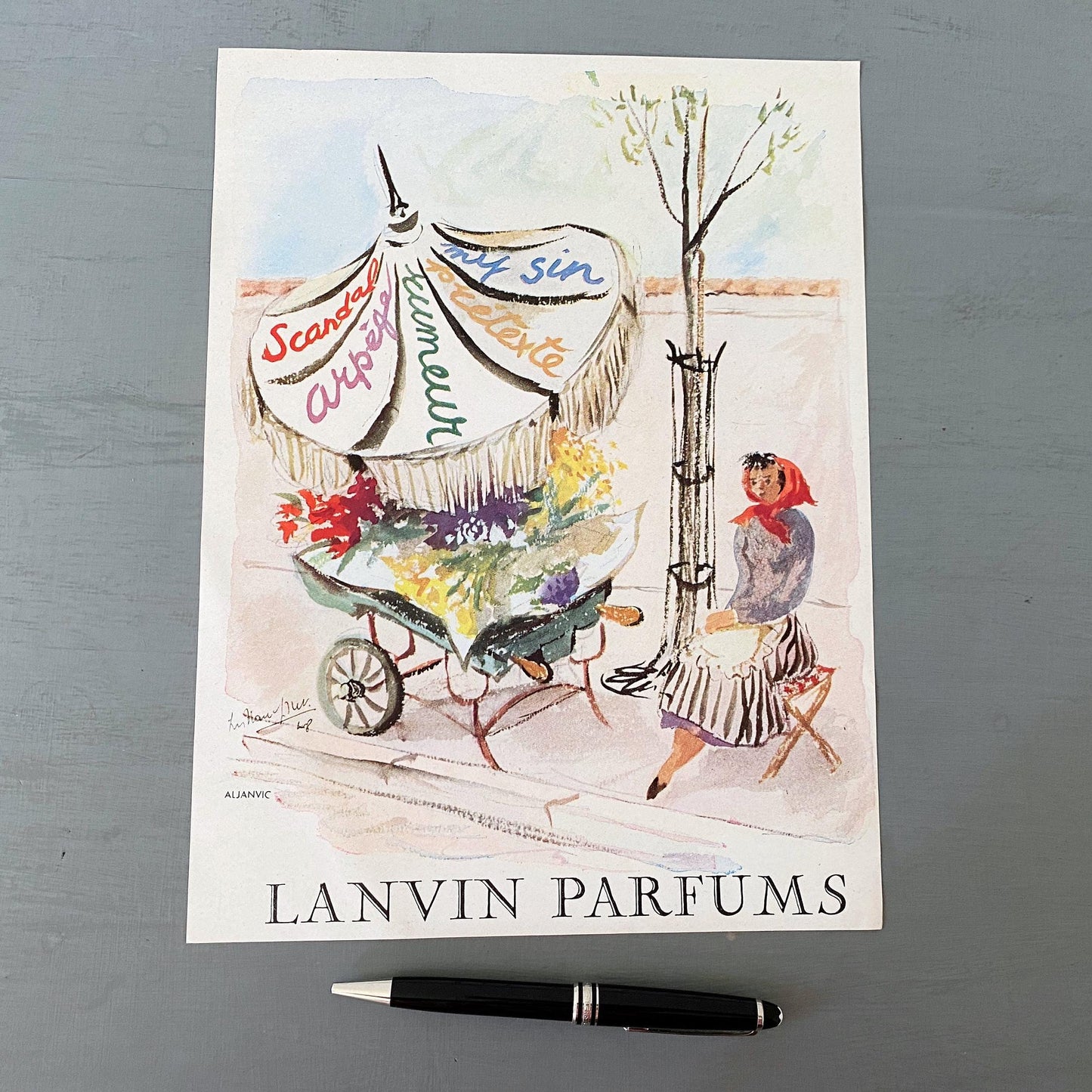 Authentic 1950s French Vintage Lanvin Perfume Advertisement Print: Rare Paris Flower Seller Poster