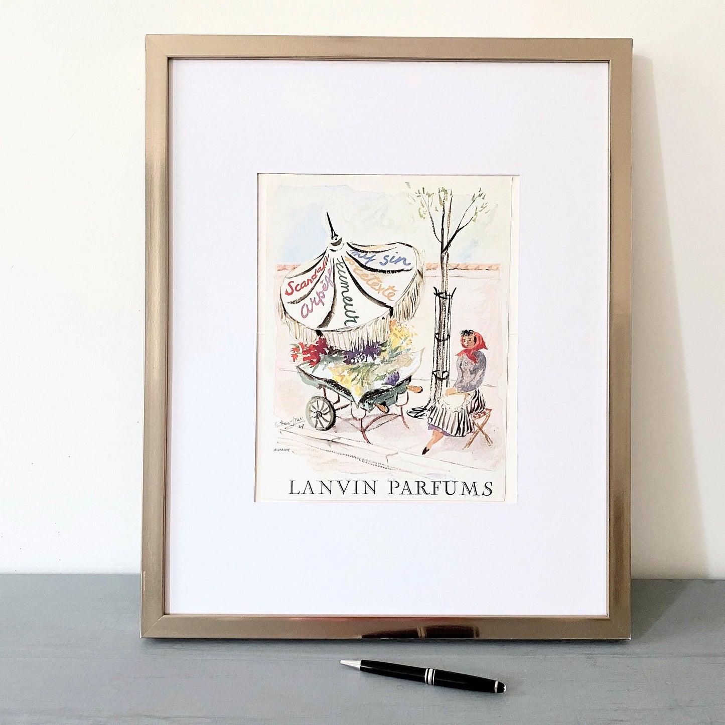 Authentic 1950s French Vintage Lanvin Perfume Advertisement Print: Rare Paris Flower Seller Poster