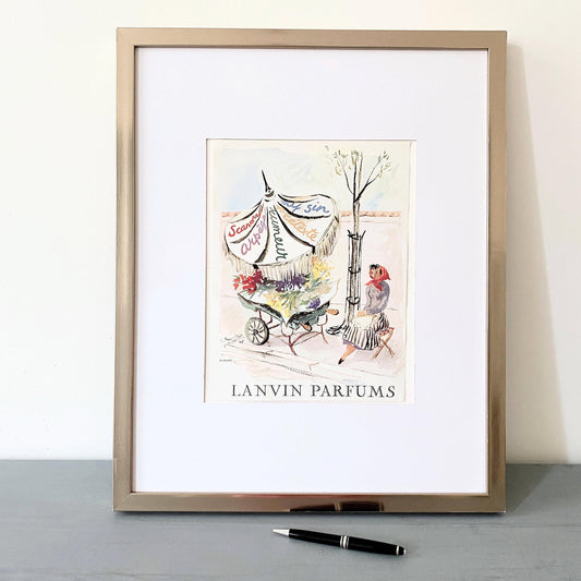 Authentic 1950s French Vintage Lanvin Perfume Advertisement Print: Rare Paris Flower Seller Poster