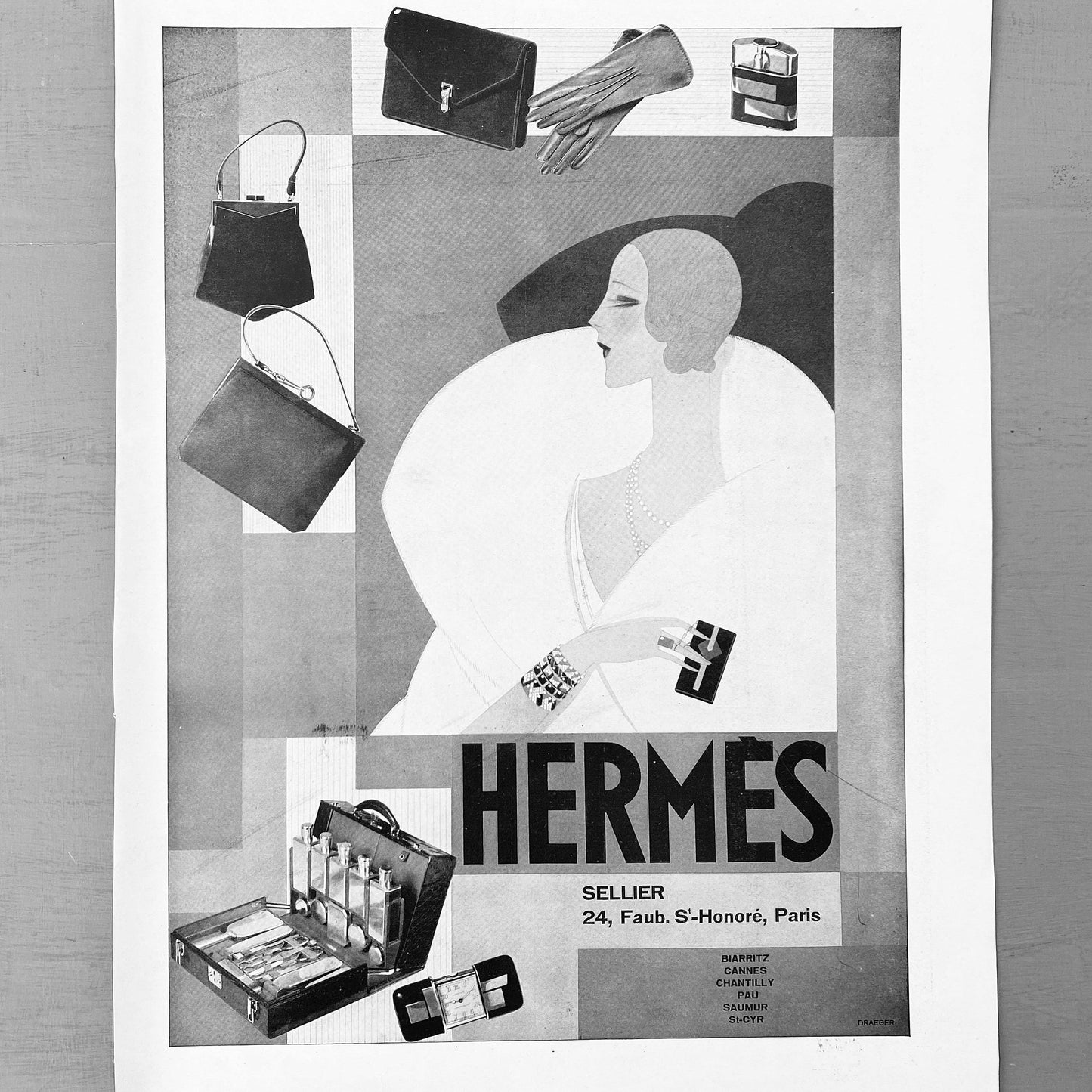 Original 1920s French Vintage Hermes Ad Print, Authentic Elegant Lady Poster