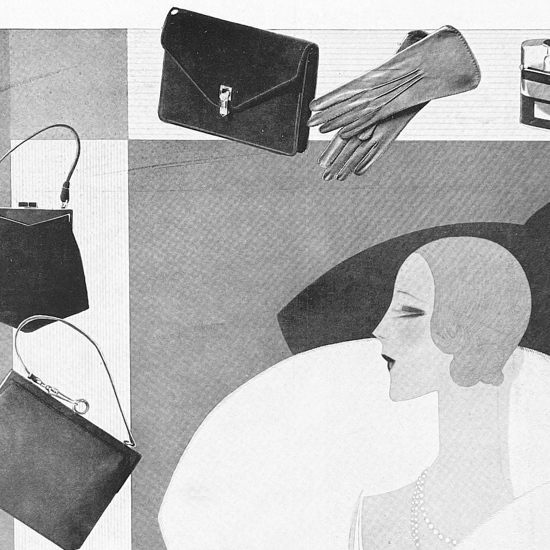 Original 1920s French Vintage Hermes Ad Print, Authentic Elegant Lady Poster