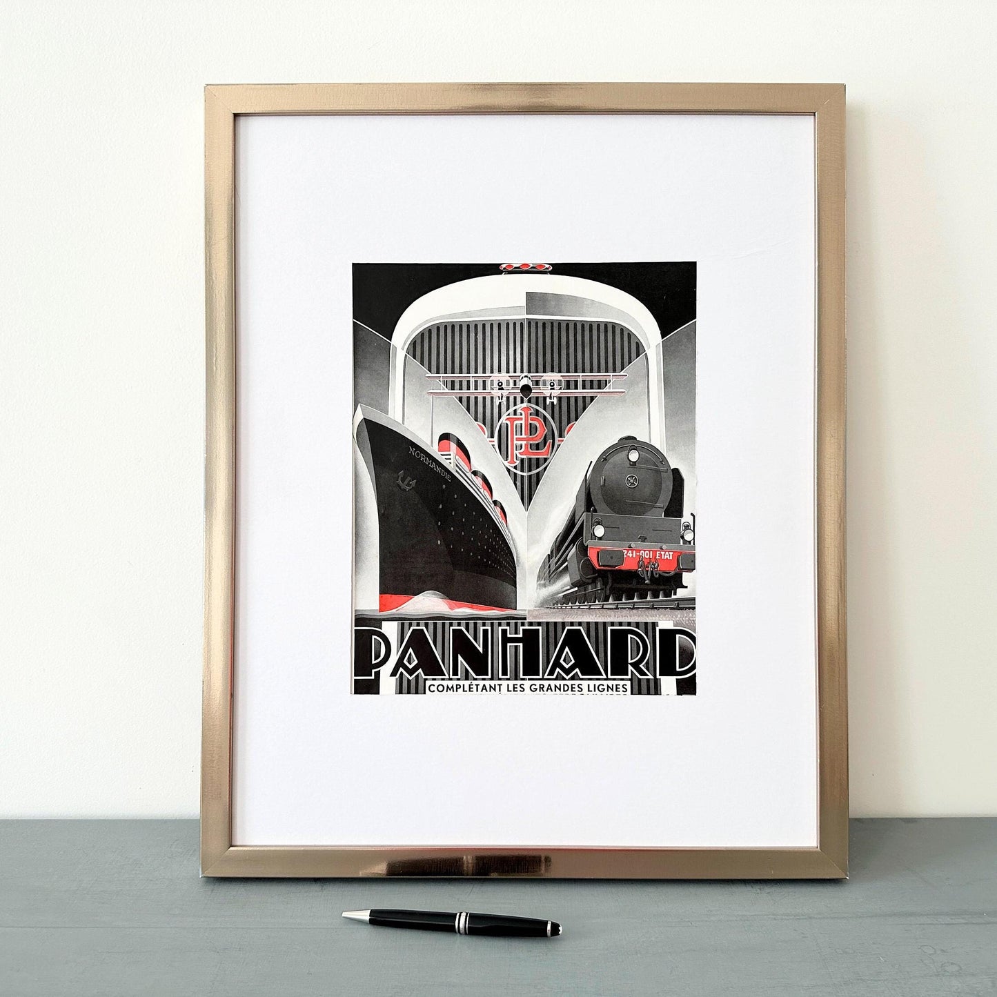1930s Vintage Panhard Car, Transatlantic Liner, Train, Airplane Ad Print by Alexis Kow
