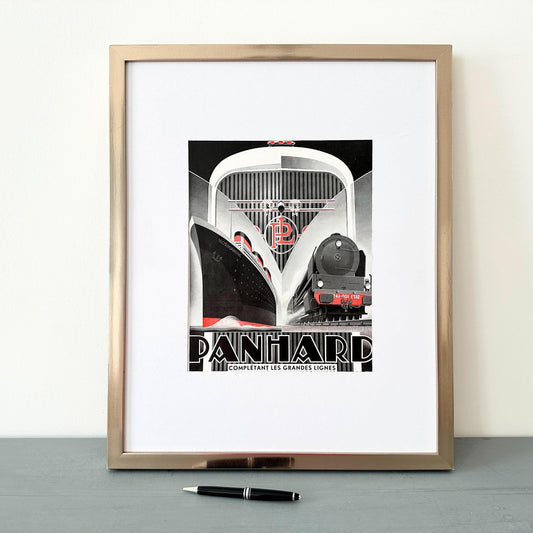 1930s Vintage Panhard Car, Transatlantic Liner, Train, Airplane Ad Print by Alexis Kow