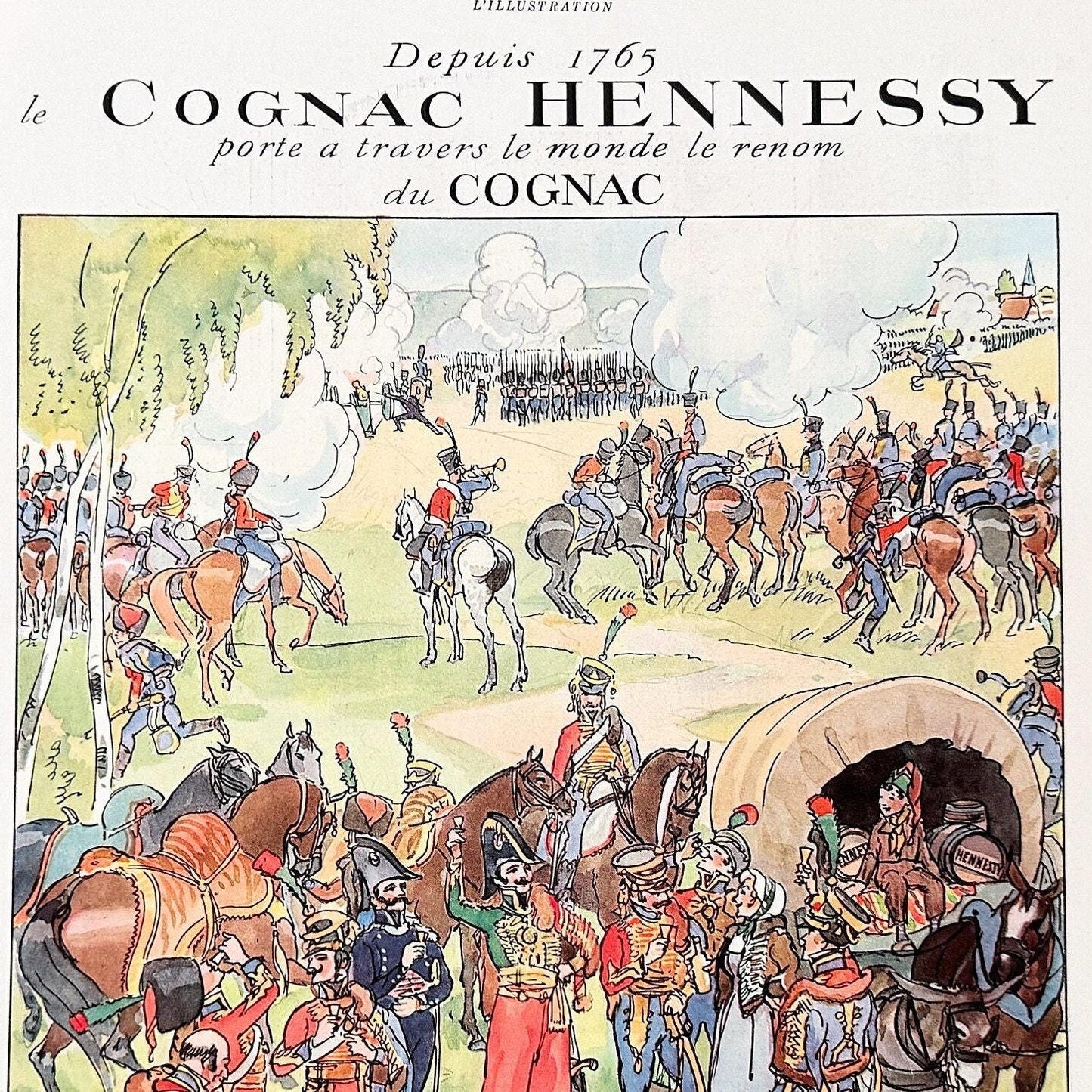 Authentic 1930s Vintage Hennessy Cognac Ad: Original French Army Lithograph, Signed Pierre Lissac