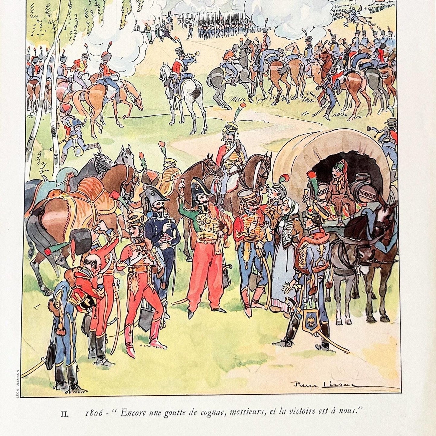 Authentic 1930s Vintage Hennessy Cognac Ad: Original French Army Lithograph, Signed Pierre Lissac