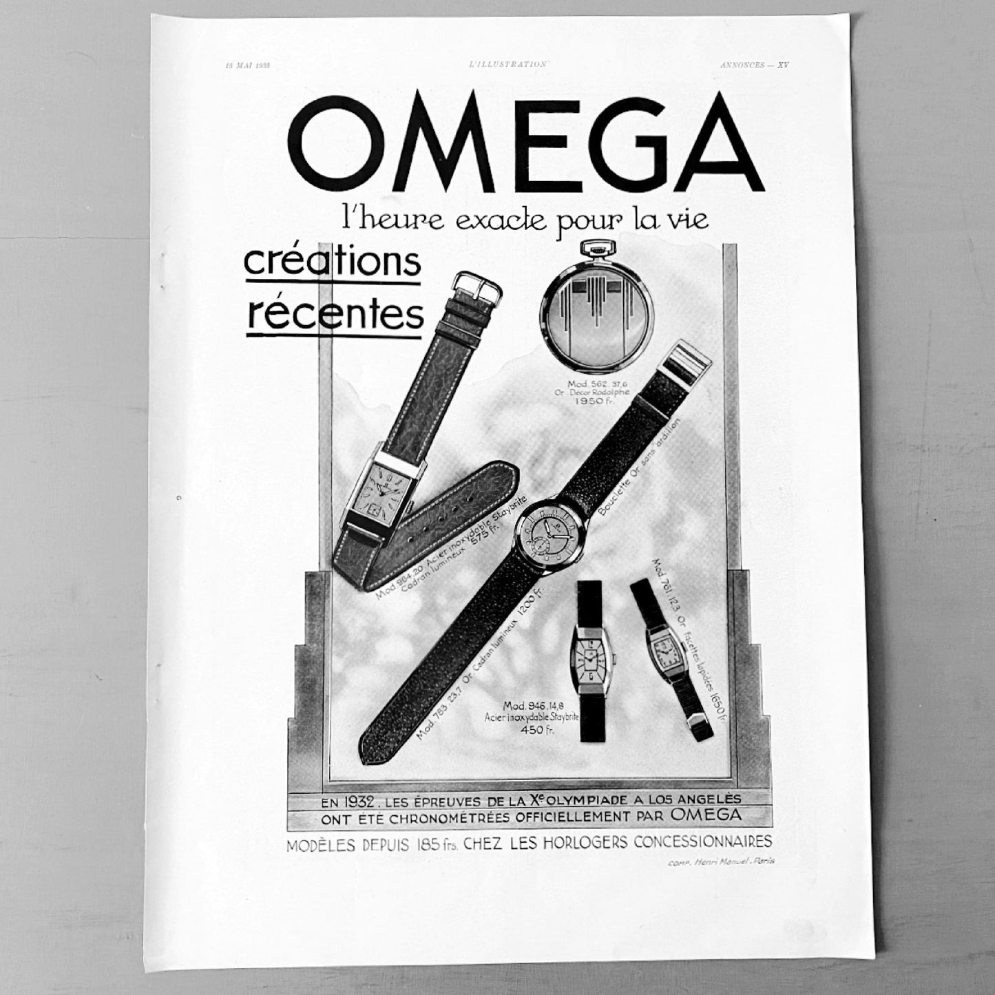 Authentic 1930s Vintage Omega Watch Advertisement Poster: Original French  Print