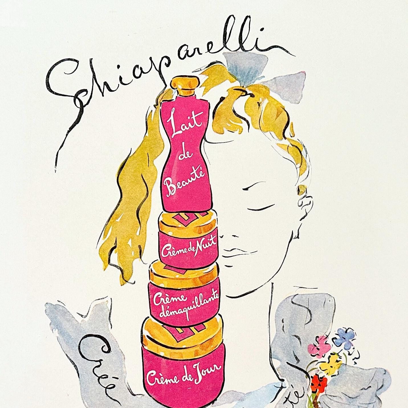 Original 1950s Vintage Schiaparelli Cosmetics Ad Poster: French Print, Marcel Vertes Illustration