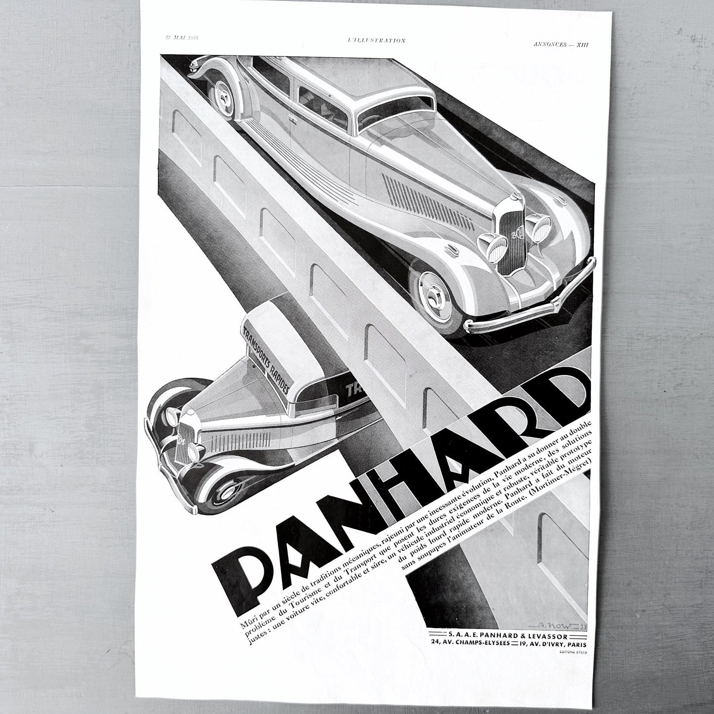 Vintage 1930s Panhard Car Ad Poster: Art Deco Supercar Drawing