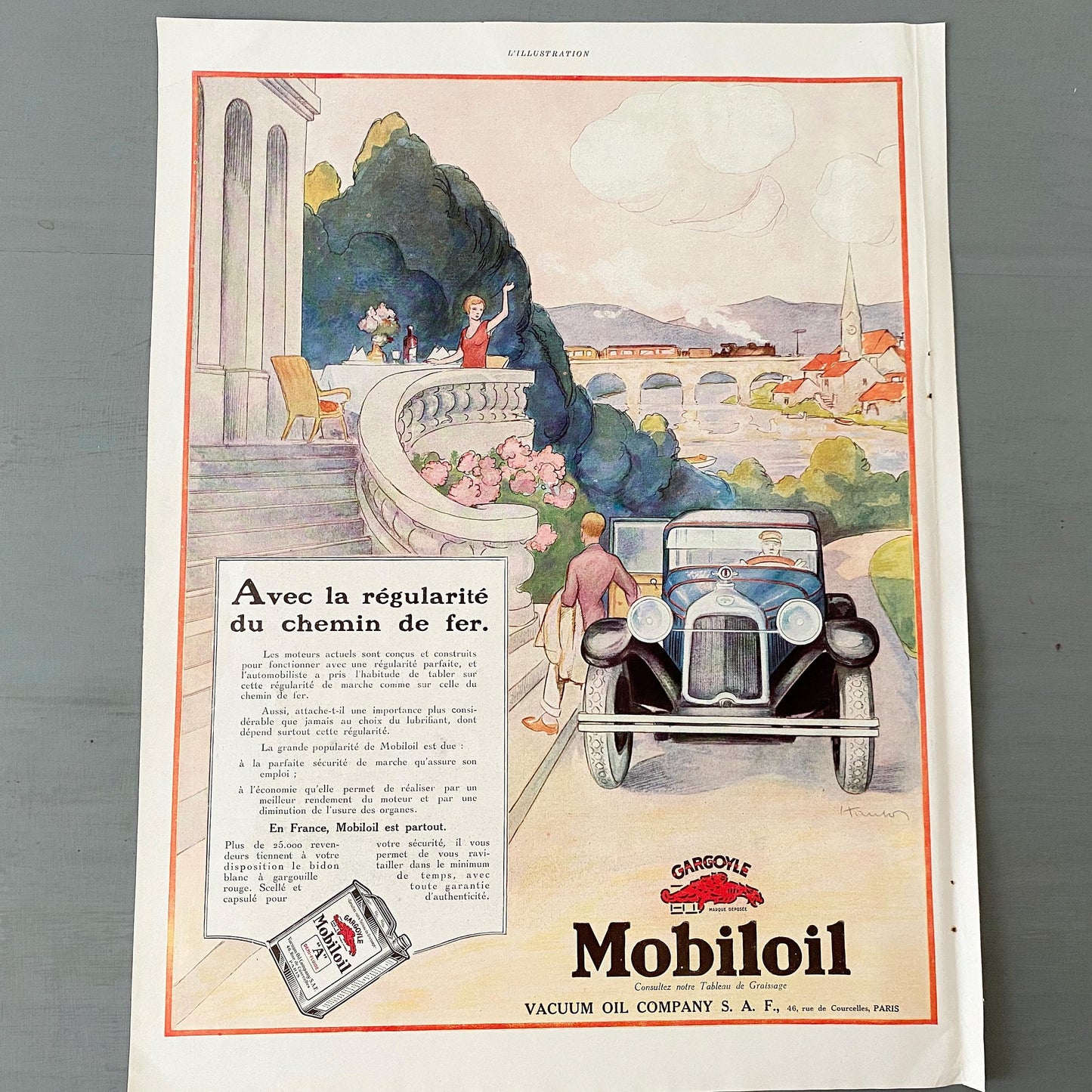 1930s Mobiloil Ad Print: Vintage French Car Travel Poster