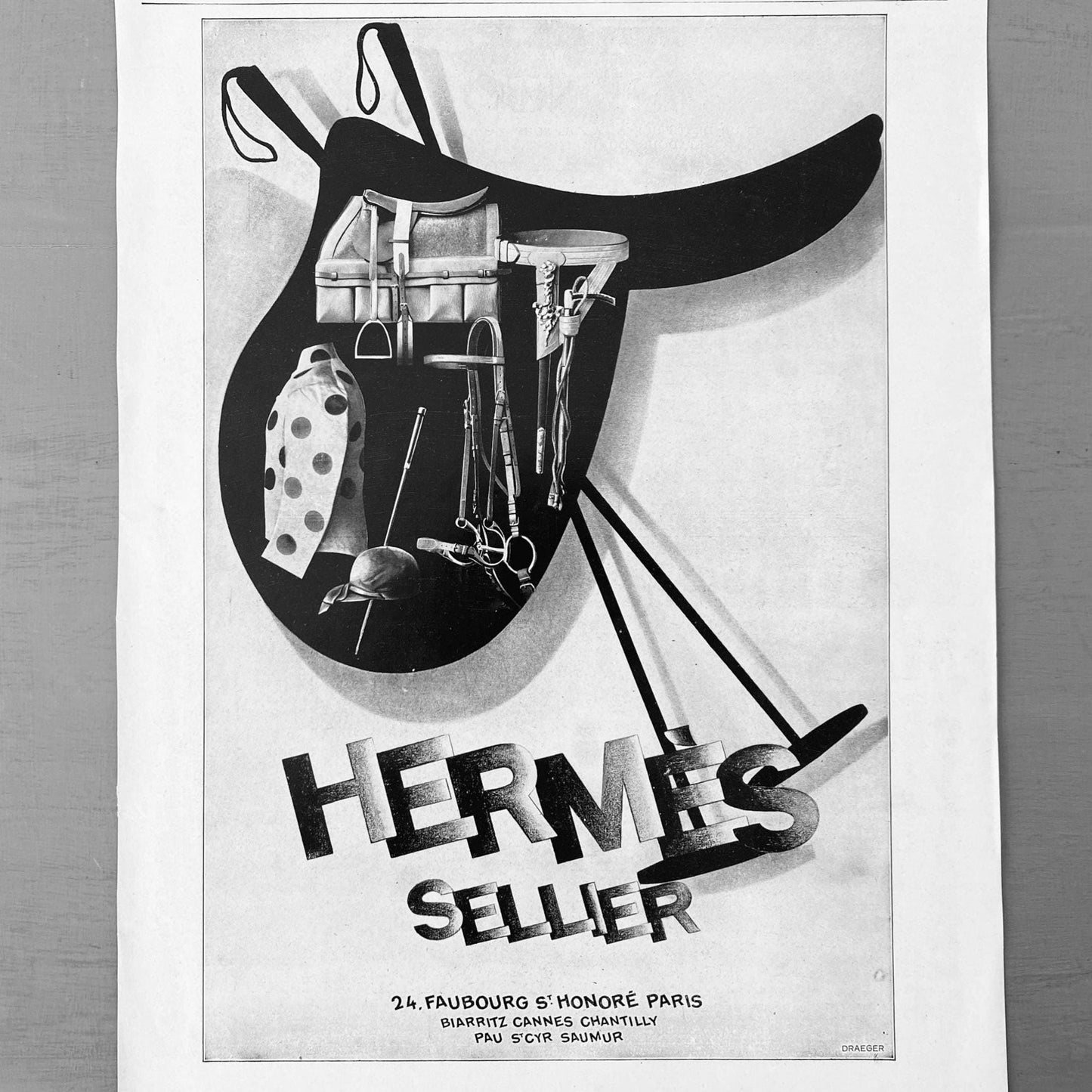 Authentic 1920s Vintage Hermes Ad Wall Art Poster: Art Deco Saddle & Horse Equipment Print