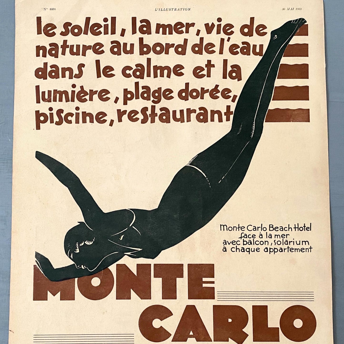 Original 1930s Vintage European City Monaco Monte Carlo Travel Ad Poster