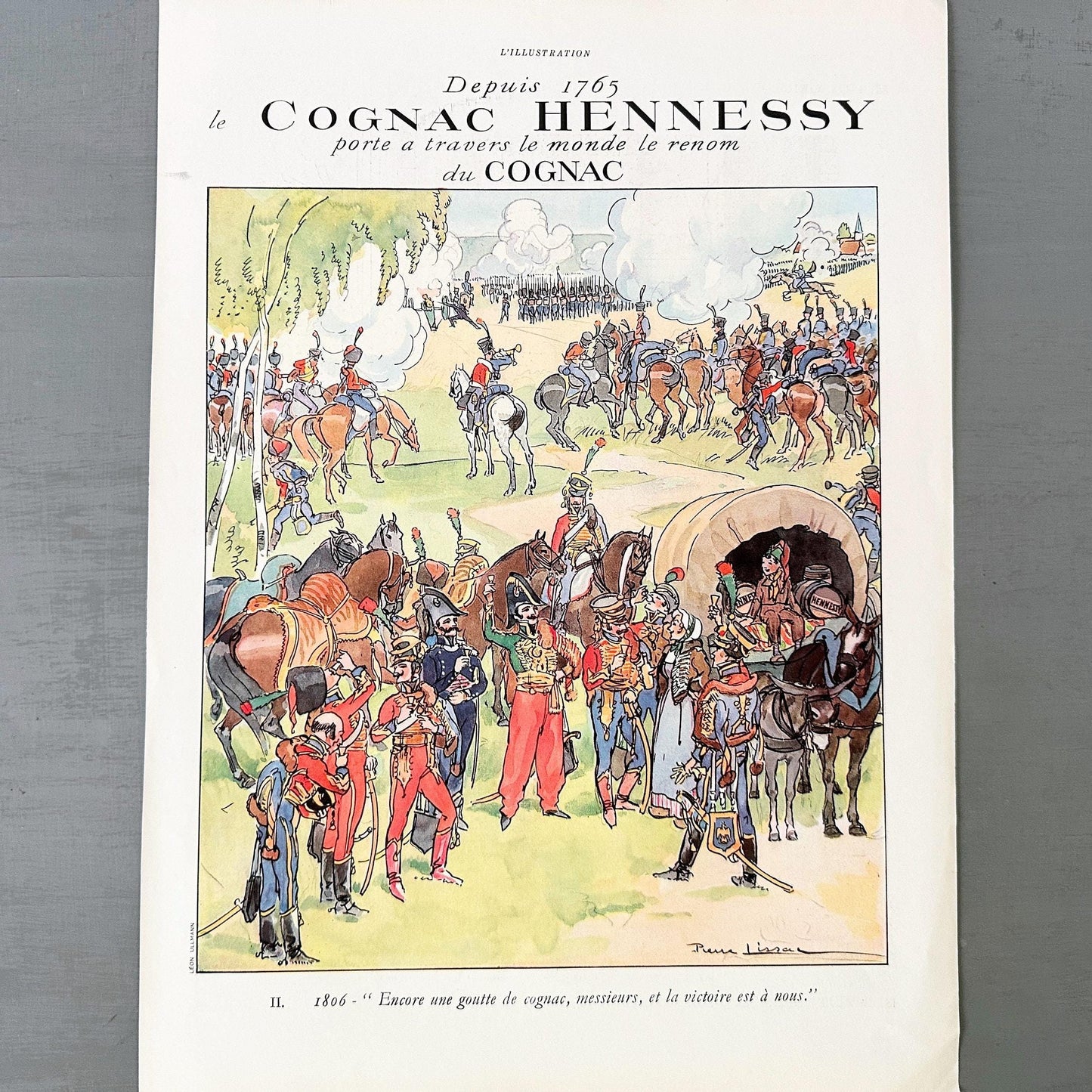 Authentic 1930s Vintage Hennessy Cognac Ad: Original French Army Lithograph, Signed Pierre Lissac