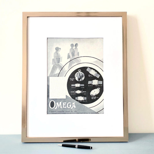 Original Vintage Omega Ad – 1930s Swiss Watch Advertisement – Midcentury Wall Art – Rare Collectible Print Unique Gift for Friend or Boss