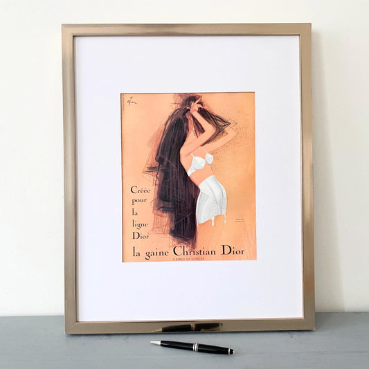 Original 1950s Vintage Dior Lingerie Ad Print by Rene Gruau - Rare Glam Home Wall Art Poster